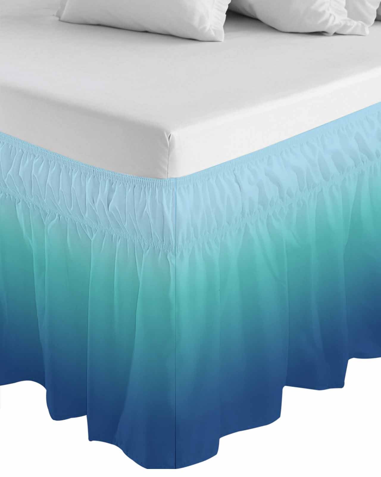 Teal Blue Ombre Bed Skirt Queen Size, Modern Abstract Art Gradient Aesthetics Wrap Around Bed Skirting with Adjustable Elastic Strap, Dust Ruffle Pleated Bedskirts 18 Inch Drop for Bedroom Queen Beds