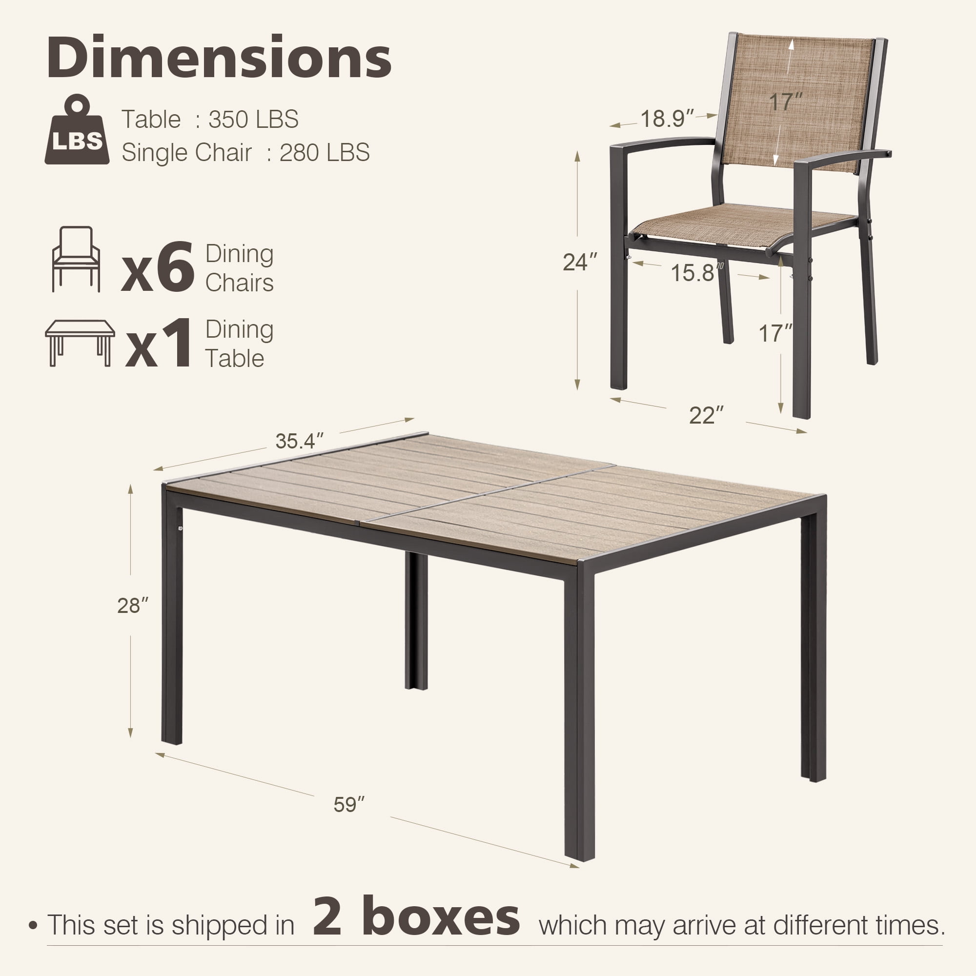 Vineego 7-Piece Outdoor Dining Set for 6, Easy-to-Store Textilene Patio Chairs Rectangular Metal Table for Backyard, Garden, Brown