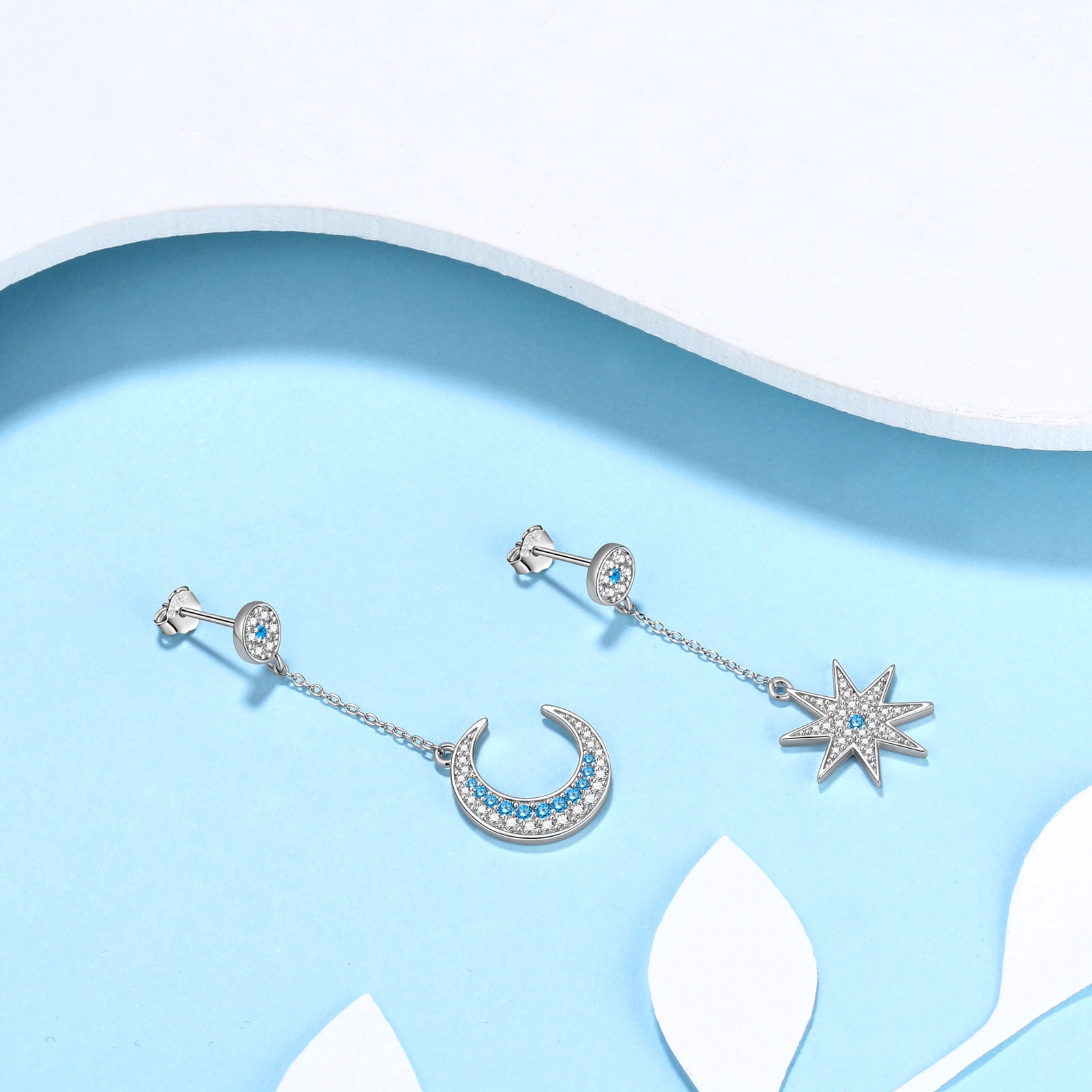 Juwaliy 925 Sterling Silver Asymmetric Moon Star Dangle Drop Earrings Dangle Blue Crystal Jewelry Christmas Valentine's Day Gift for Women Mother Wife