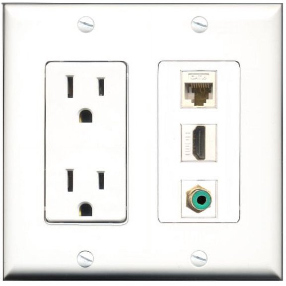 RiteAV - 15 Amp Power Outlet 1 Port HDMI 1 Port RCA Green 1 Port Cat6 Ethernet Ethernet White Decorative Wall Plate