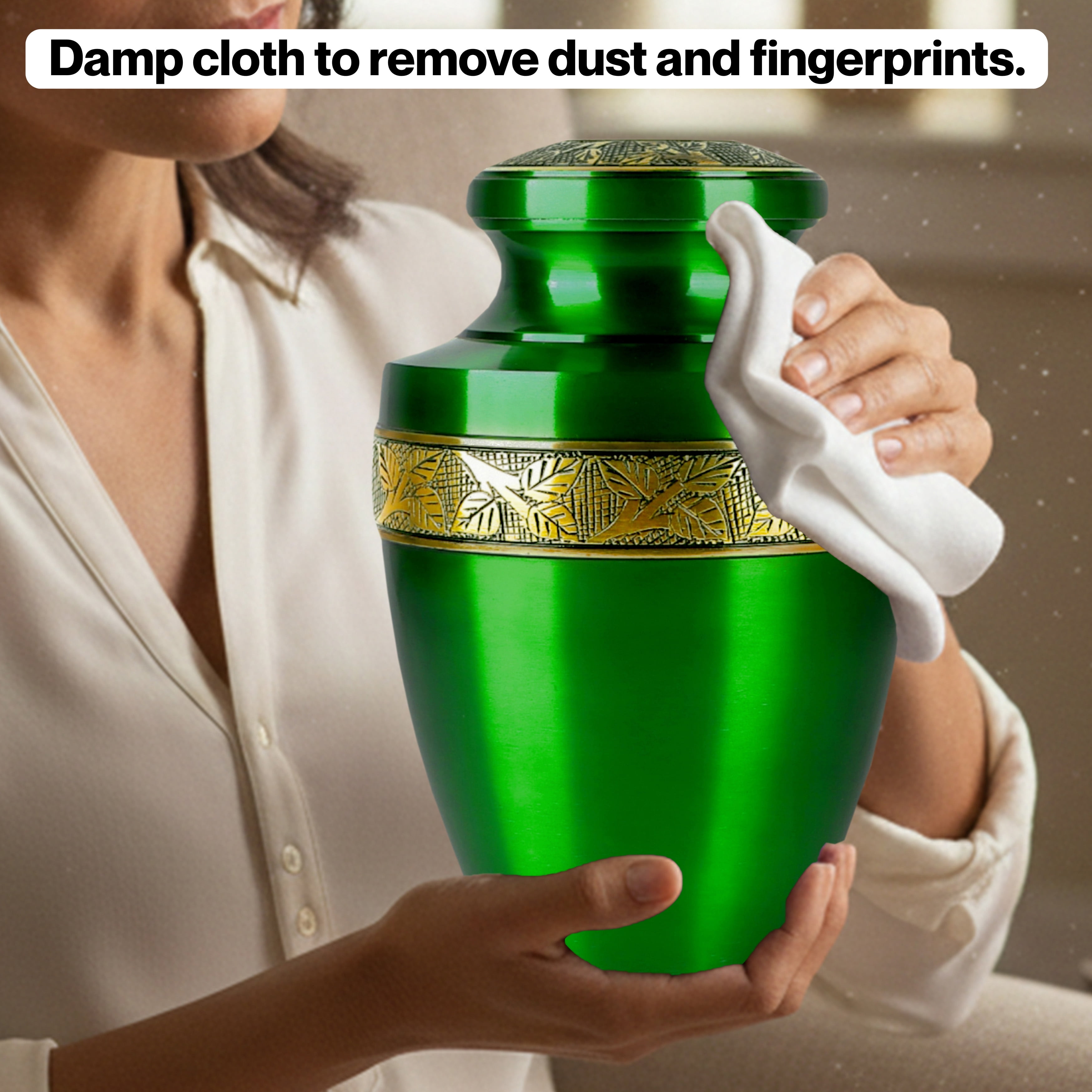 Handcrafted Aluminum Urn - Decorative Memorial Holder for Ashes and Remembrance (Grass Green & Royal Gold)