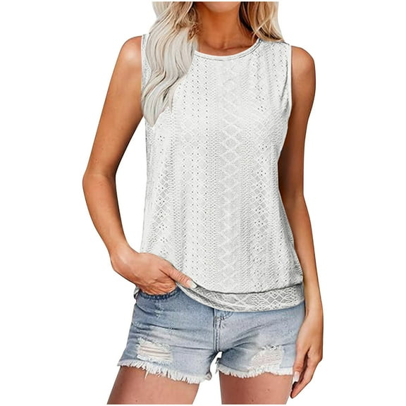 Lenpel Tank Tops for Women Trendy Eyelet Embroidered Crew Neck Summer Sleeveless Shirts Casual Camisole Tee Blouses