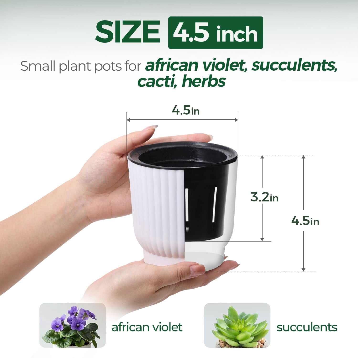 4 Inch Self Watering Plant Pots 6 Pack Small Indoor Planters for African Violets Succulents Durable White Plastic Gardening Containers