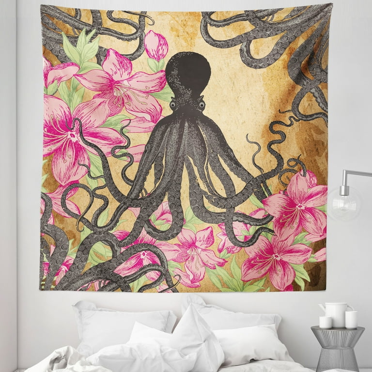 Octopus Tapestry Kraken Roses Leaves Tentacles Vintage Antiqued
