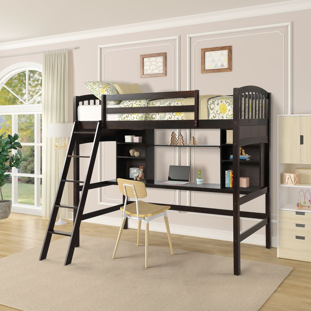 Solid Wood Twin Size Loft Bed, Study High Loft Bed Frame with Ladder