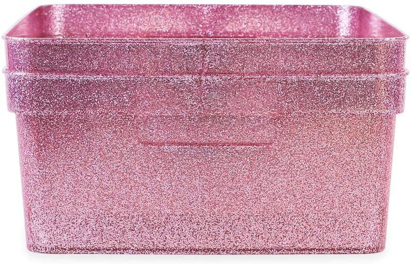 Isaac Jacobs Medium Glitter Storage Bin 14 x 11.5 x 5.5 Set w/Cut-Out Handles, Plastic Organizer, Multi-Functional, Home Storage Solution, Kids Playroom, Bedroom, Closet 2, Pink