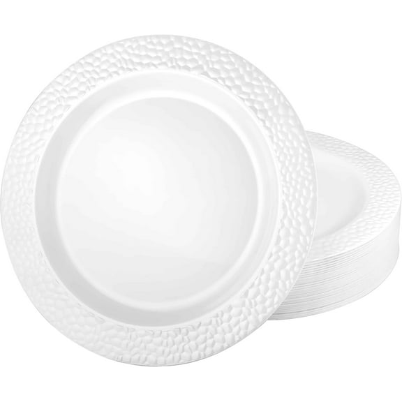 EcoQuality 7.5 Inches White Pearl Plastic Round Salad Plate Pebble Design – Elegant Disposable Dinnerware for Weddings, Parties, and Events – Durable, Stylish, and Reusable Tableware (10)