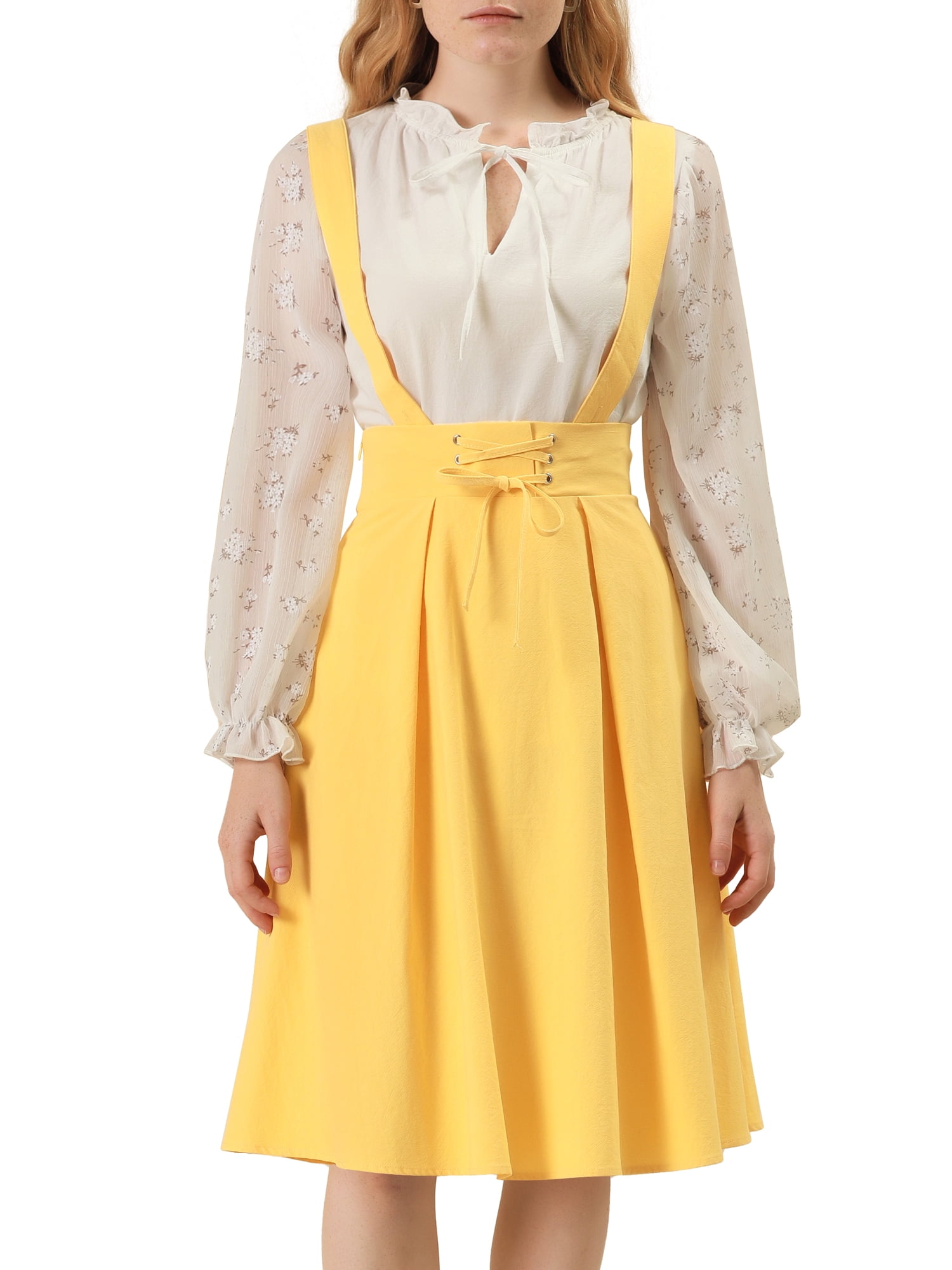 DARING DIVA Women's Cute High Waist Suspender Skirt Mini Dress L Yellow