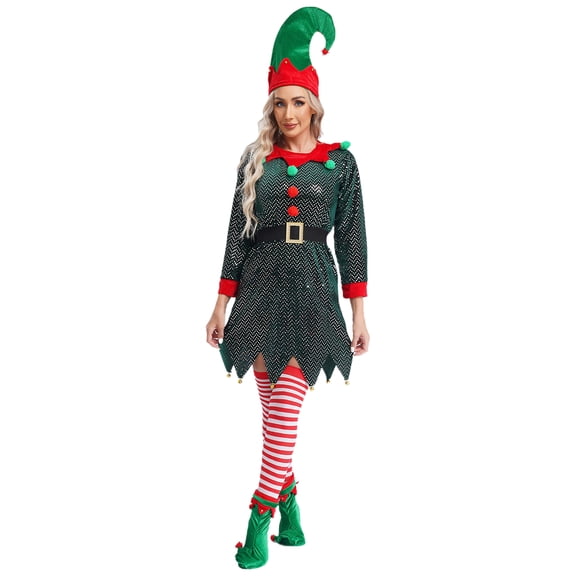 vastwit Womens Christmas Elf Suit Bells Sequins Dress with Hat Shoes Belt and Stockings Olive Green L