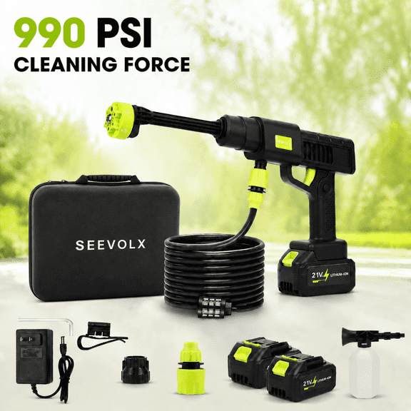 SEEVOLX 990PSI Cordless Pressure Washer, 21V Touchscreen Adjustable Portable Power Washer for Car Wash with 2 Batteries,6-in-1 Nozzle,32FT Hose