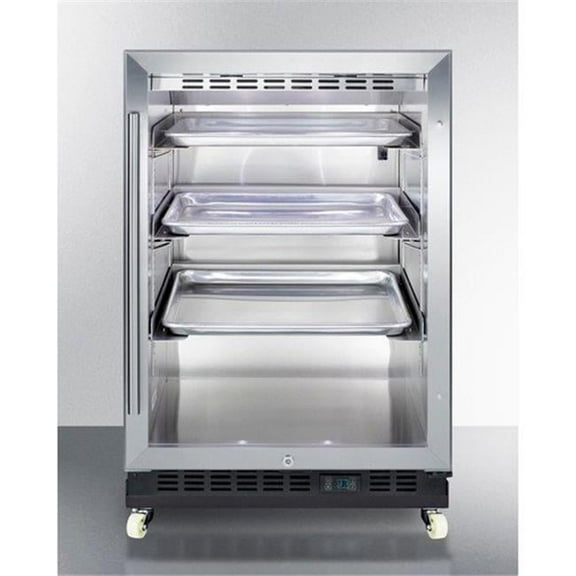Mini reach-in beverage center with black cabinet, glass door, and dolly