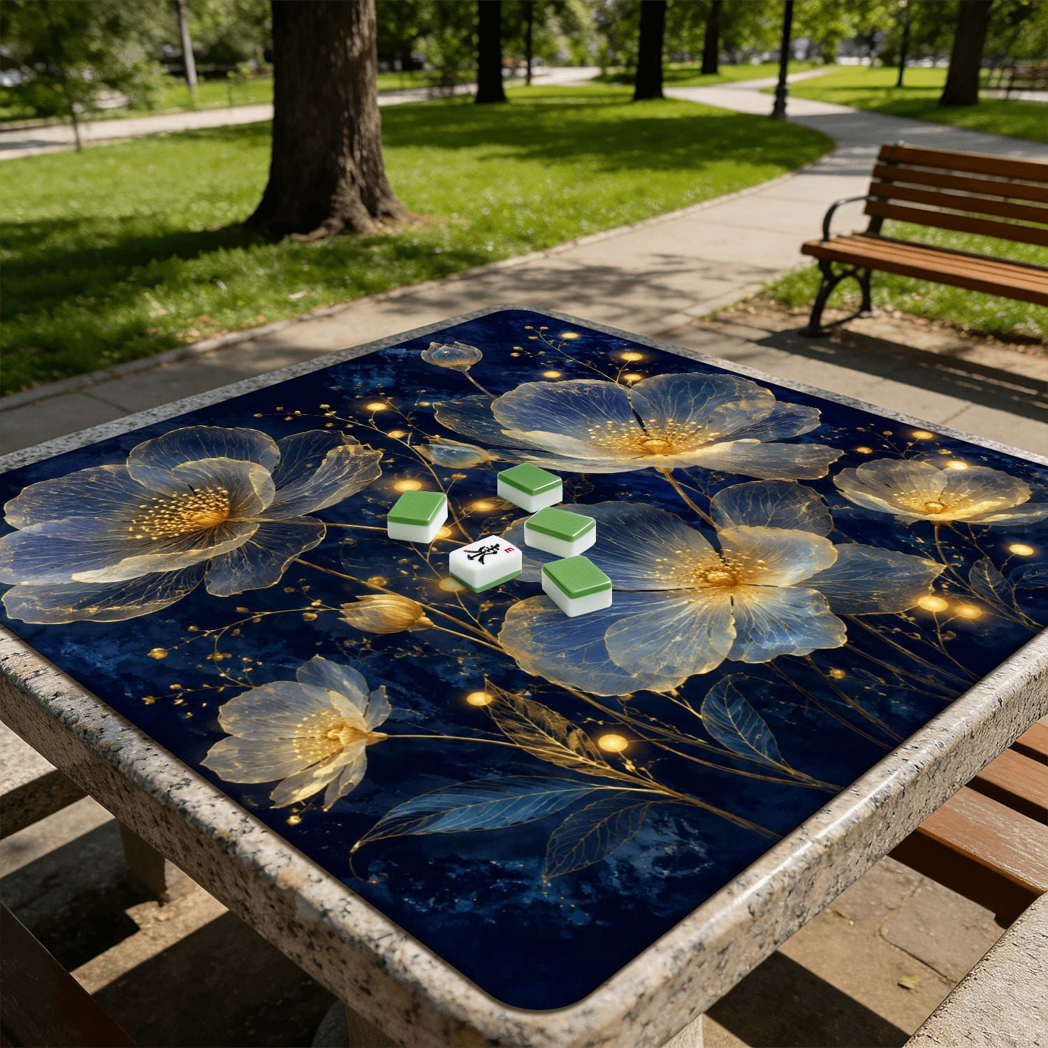 Mahjong Mat 31.5" x 31.5" Elegant Gold Line Floral Deep Blue Non-Slip Noise Reduction American Mahjong Tiles Table Cover for Dominoes Poker Card Board Games Gift