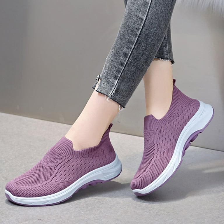 ZIZOCWA Casual Mesh Breathable Sneakers for Women Platform Slip On Stretch Cloth Walking Shoes Outdoor Comfy Running Tennis Shoes for Gym Purple