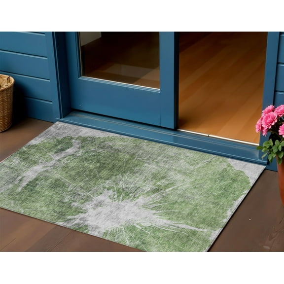 3' X 5' Green And Gray Abstract Washable Indoor Outdoor Area Rug