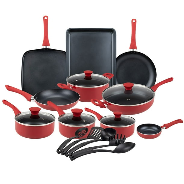 SIGNA Batería De Sartenes De Aluminio Batería De Cocina Con Revestimiento Antiadherente Juego De Ollas Incluye 19 Piezas Set De Ollas Y Sartenes Con mangos Ergonómicos (Rojo)