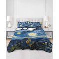 thumbnail image 2 of Quilts Twin Size Bedding Set, Blue Starry Night Lightweight Quilted Comforter, Abstract Star Sky House Tree Oil Painting Reversible Bedspread Coverlet with Pillow Covers for All Season, 68" x 86", 2 of 7