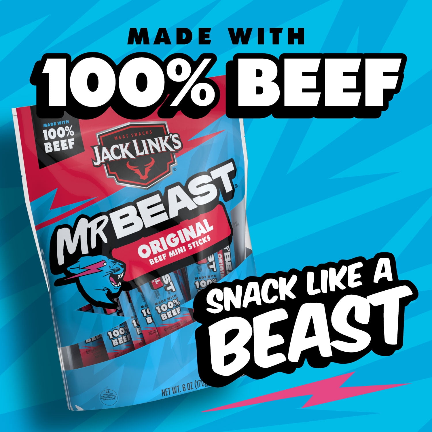 (8 pack) Jack Link’s x MrBeast Original Mini Beef Sticks, 6 Ounce bag, 12 count of .5 Ounce meat sticks