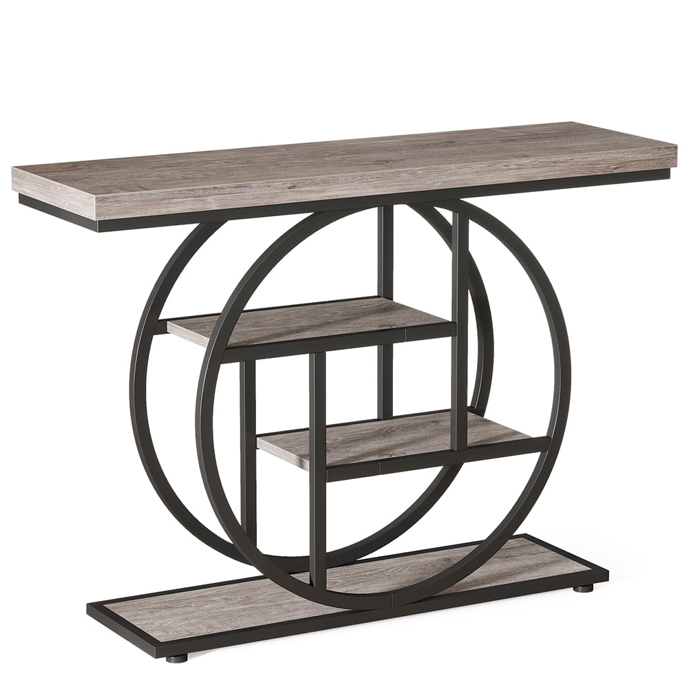 Spaco 41.3" Console Table with 1.57" Thick Tabletop, Industrial 4-Tier Sofa Entryway Table with Circle Base, Gray