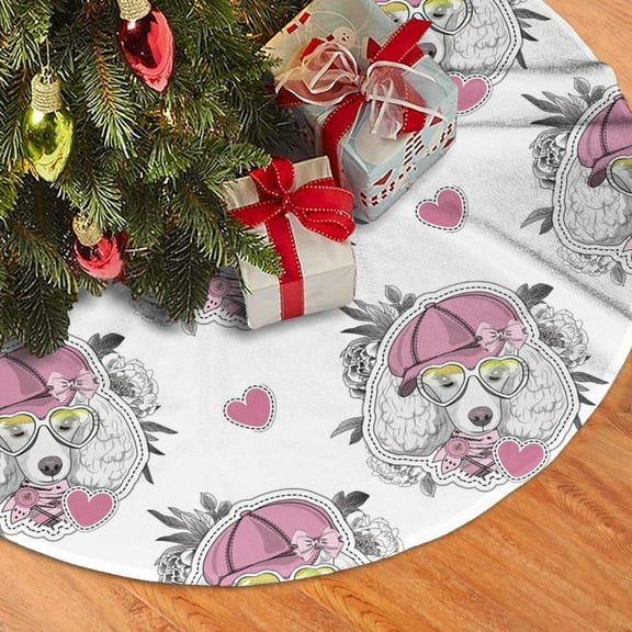 Christmas Tree Skirt, Artistic Cute Poodle Dog Pink_A Soft Plush Christmas Tree Decorations Indoor, Tree Skirts Mat for New Year Halloween Holiday Christmas Party Decor 30"
