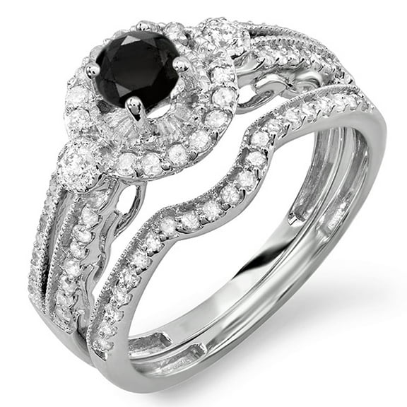 Dazzlingrock Collection 1.00 Carat (ctw) 18k Round Black And White Diamond Halo Bridal Engagement Ring Set, White Gold, Size 6