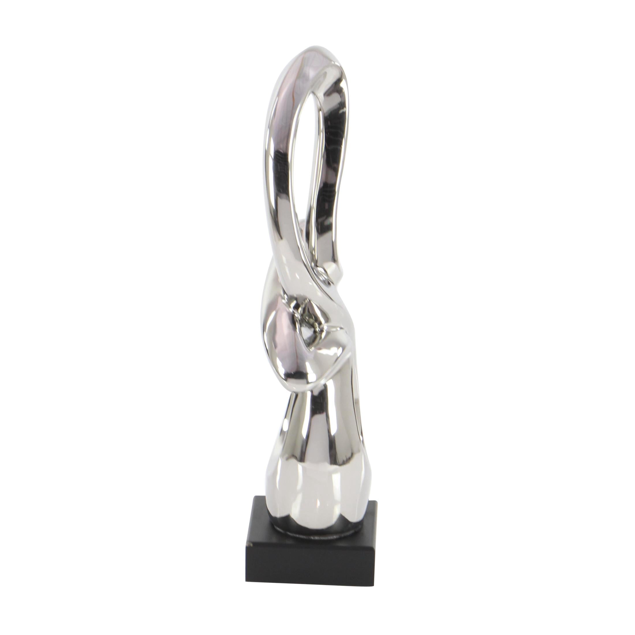 7" x 18" Silver Ceramic Swirl Abstract Sculpture with Black Base, by DecMode