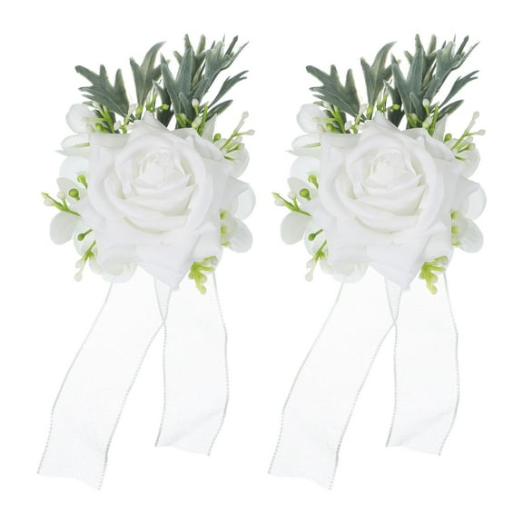 Uxcell 2 Pcs White Flower Wrist Corsage Bracelets, Artificial Flowers Corsage Wristlet for Wedding Bride Groom Ceremony Anniversary Prom Party