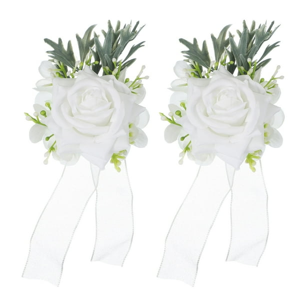 Uxcell 2 Pcs Corsage de Muñeca de Flores Blancas, Pulseras de Flores Artificiales para Boda Novia Novio Ceremonia Aniversario Baile Fiesta
