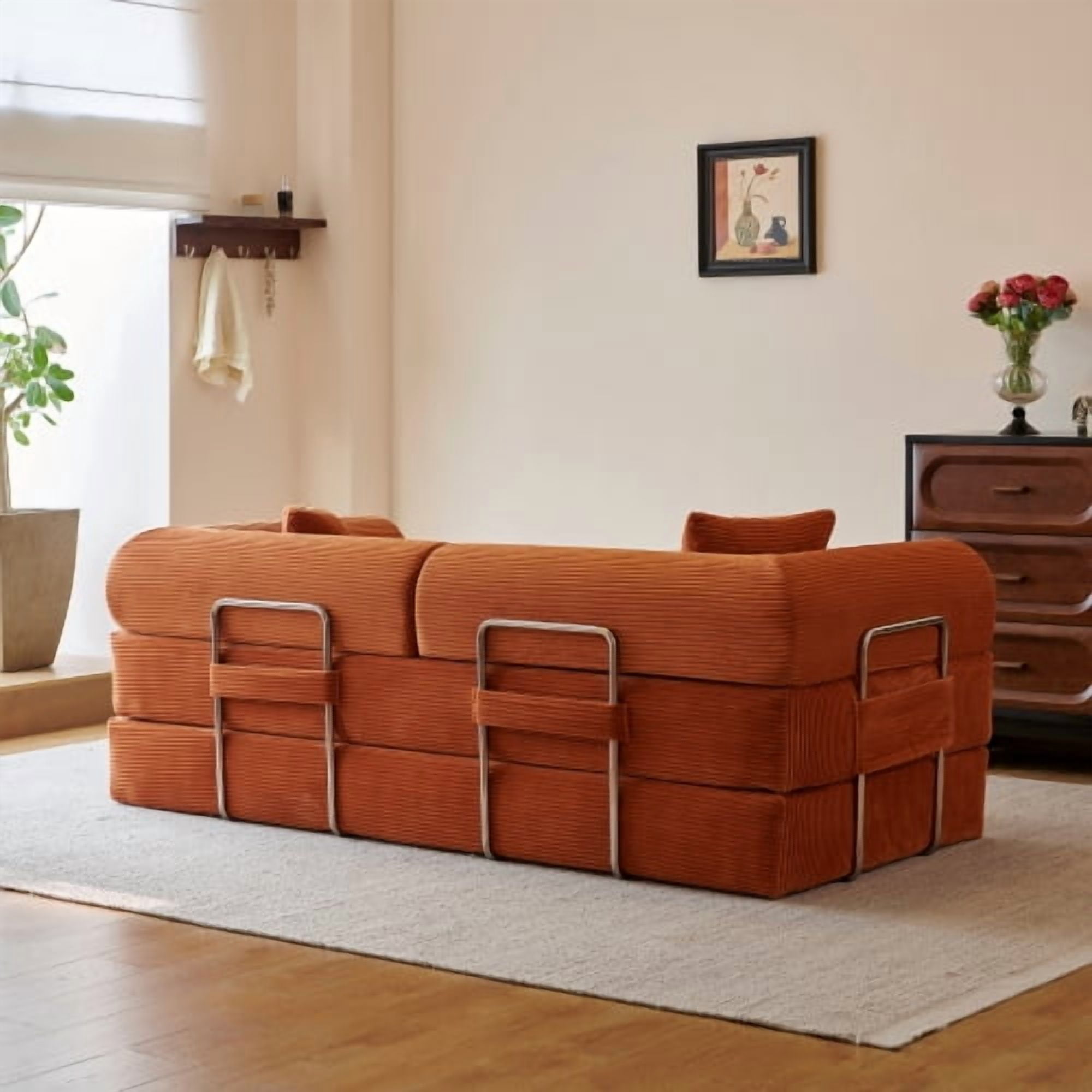 78.8" Convertible Sofa Bed, Convertible Boneless Modular Sectional Futon Loveseat, Sleeper Couch for Living Room Bedroom, No Assembly Required, Tangerine