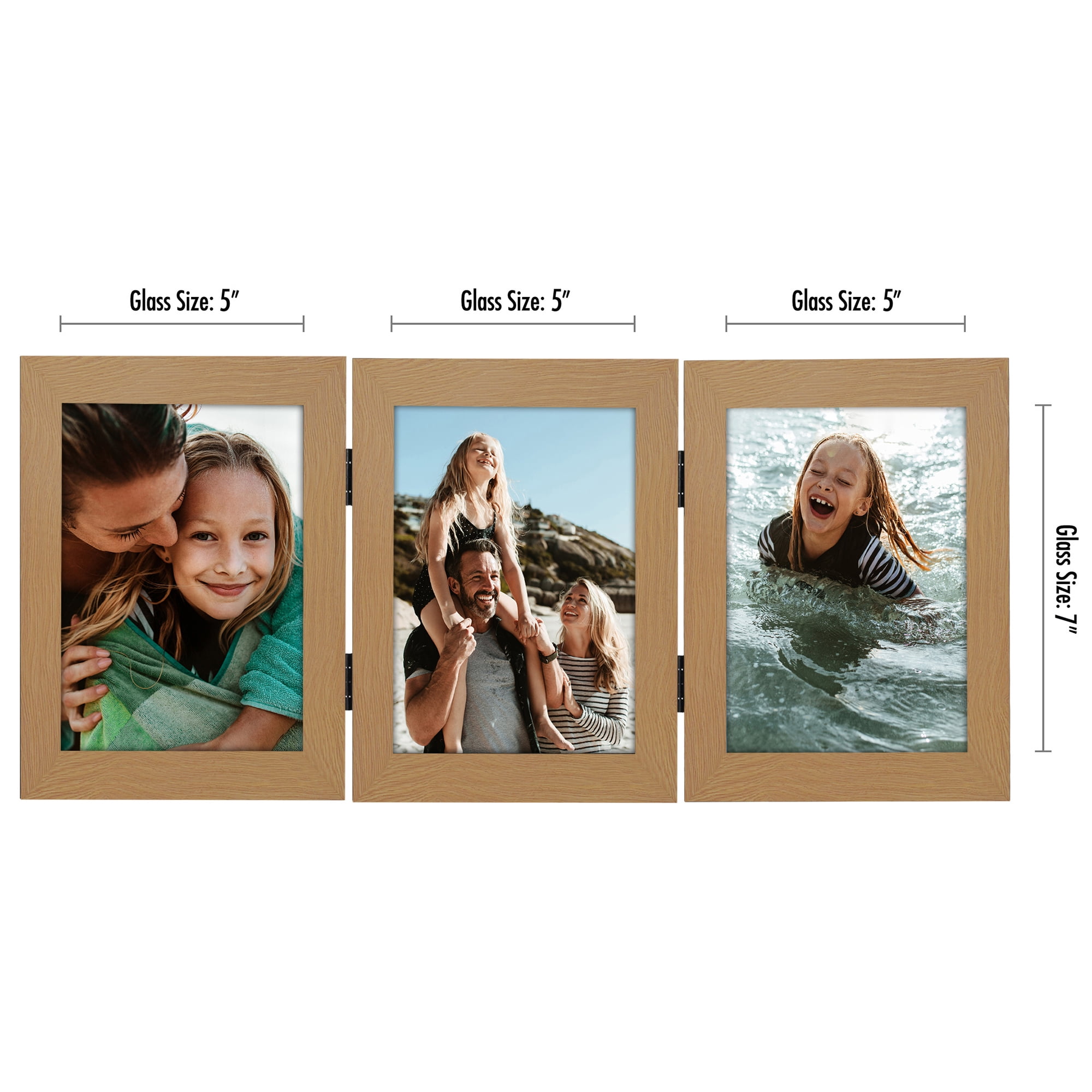 Americanflat Hinged 3 Photo Frame in Oak MDF - Desk Photo Frame for 5X7" Photos - Tri Folding Picture Frame For Desk - Displays 3 Photos with Shatter-Resistant Glass Covers