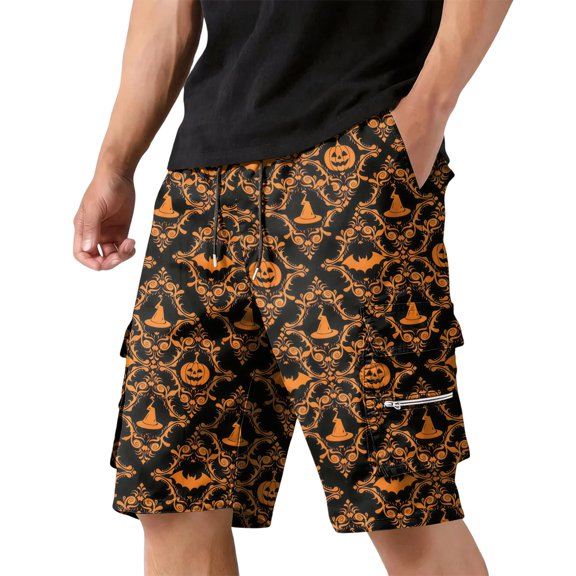 GrmtClth Mens Halloween print shorts 2026 Cartoon Pumpkin Multi Storage Cargo Short Pants Lightweight Summer Short Trousers Travel Fun Casual Clothes Saffron 2XL