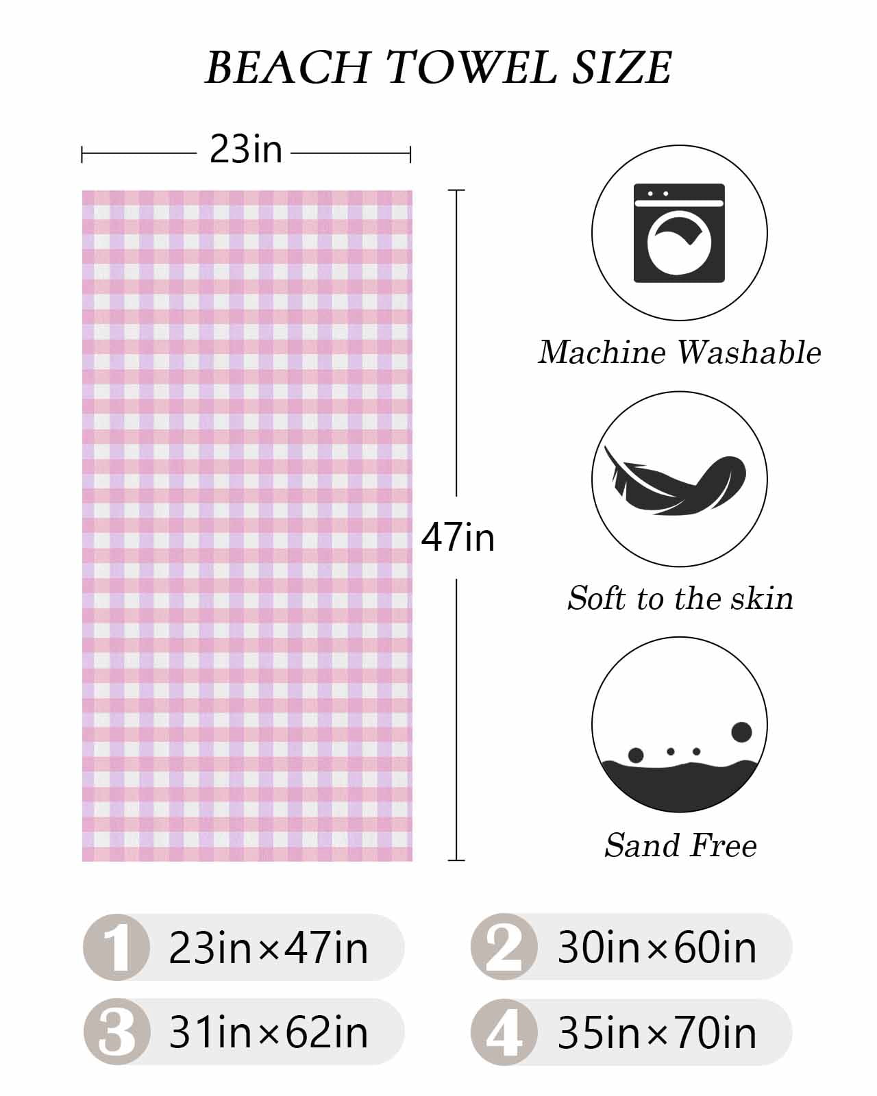 Pink Grid Beach Towels Oversized Super Absorbent, Checkered Plaid Gingham Lattice Trellis Print Lightweight Bath Towel Quick Dry Sets For Bathroom/Pool/Rv Camping/Beach Play/Gym Room/Picnic 35"x70"