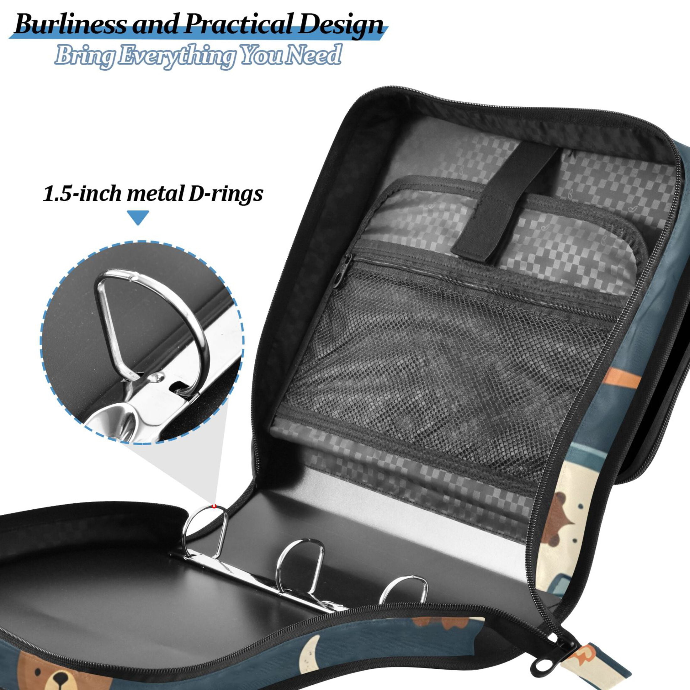 3 Ring Zipper Binder with Shoulder Strap Waterproof Trapper Keeper 2 Inch D-Ring 500 Sheets Capacity Bear Tree Car Tents
