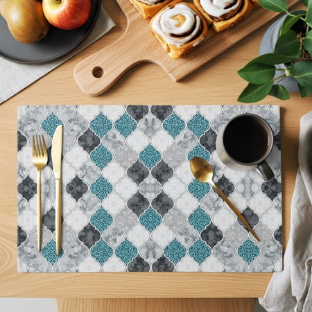 Table Placemats Set of 4 Moroccan Plaid Vintage Marble Washable Place Mats Grey Gradient Non-Slip Insulation Table Mats for Kitchen Dining Party Decoration,13x19 Inch
