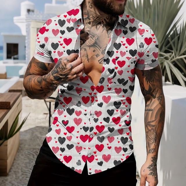 Ceisia Men Casual Fashion Turndown Collar Stripe Printing Gift Short Sleeve Button Shirt