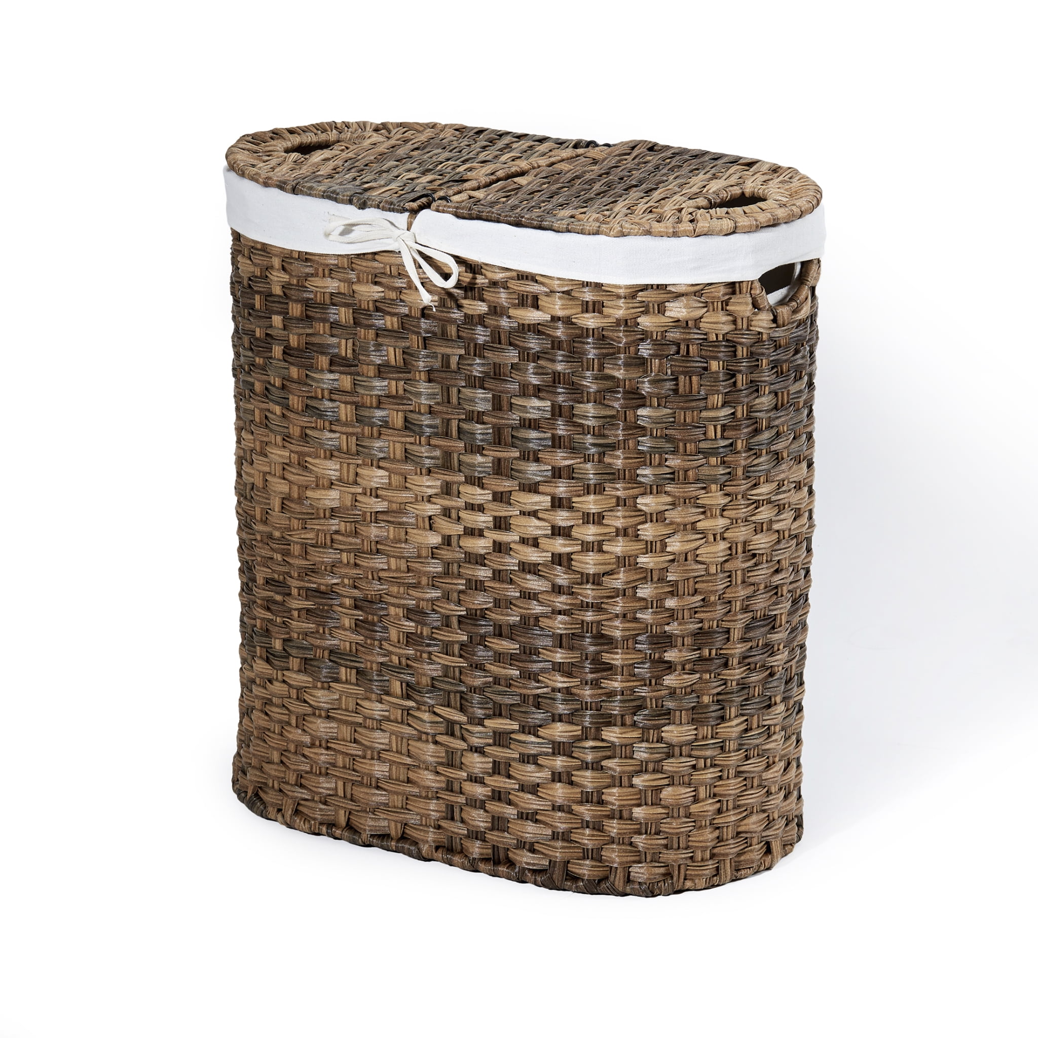 BROWN WHITE BLACK OVAL WICKER LAUNDRY BASKET WITH LID & REMOVABLE COTTON LINING 