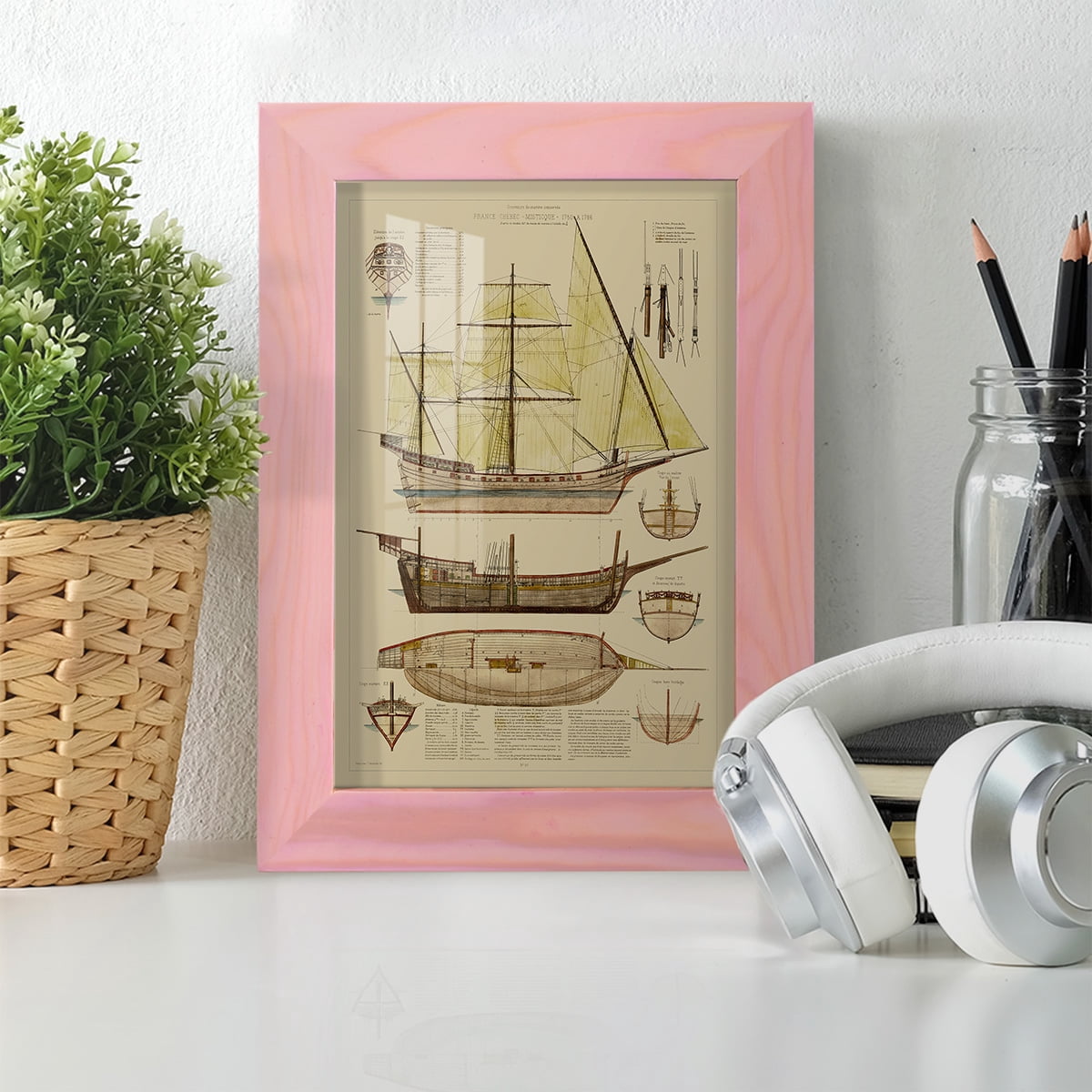Antique Ship Plan II -Framed Print w/glass-Sunset Pink