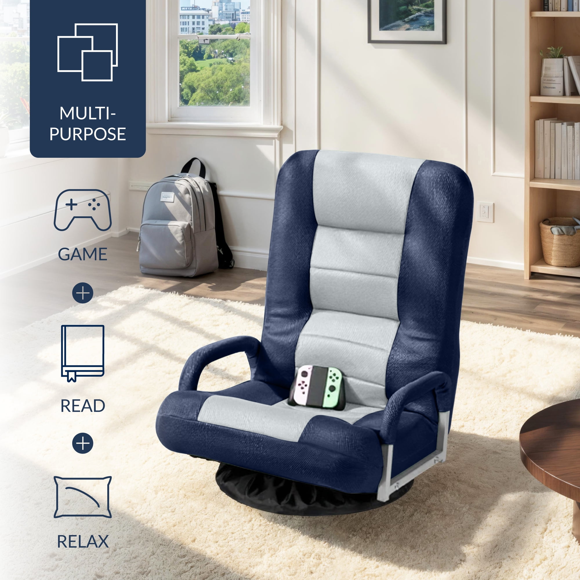 Best Choice Products 360-Degree Swivel Gaming Floor Chair w/ Armrest Handles, Foldable Adjustable Backrest - Blue/Gray