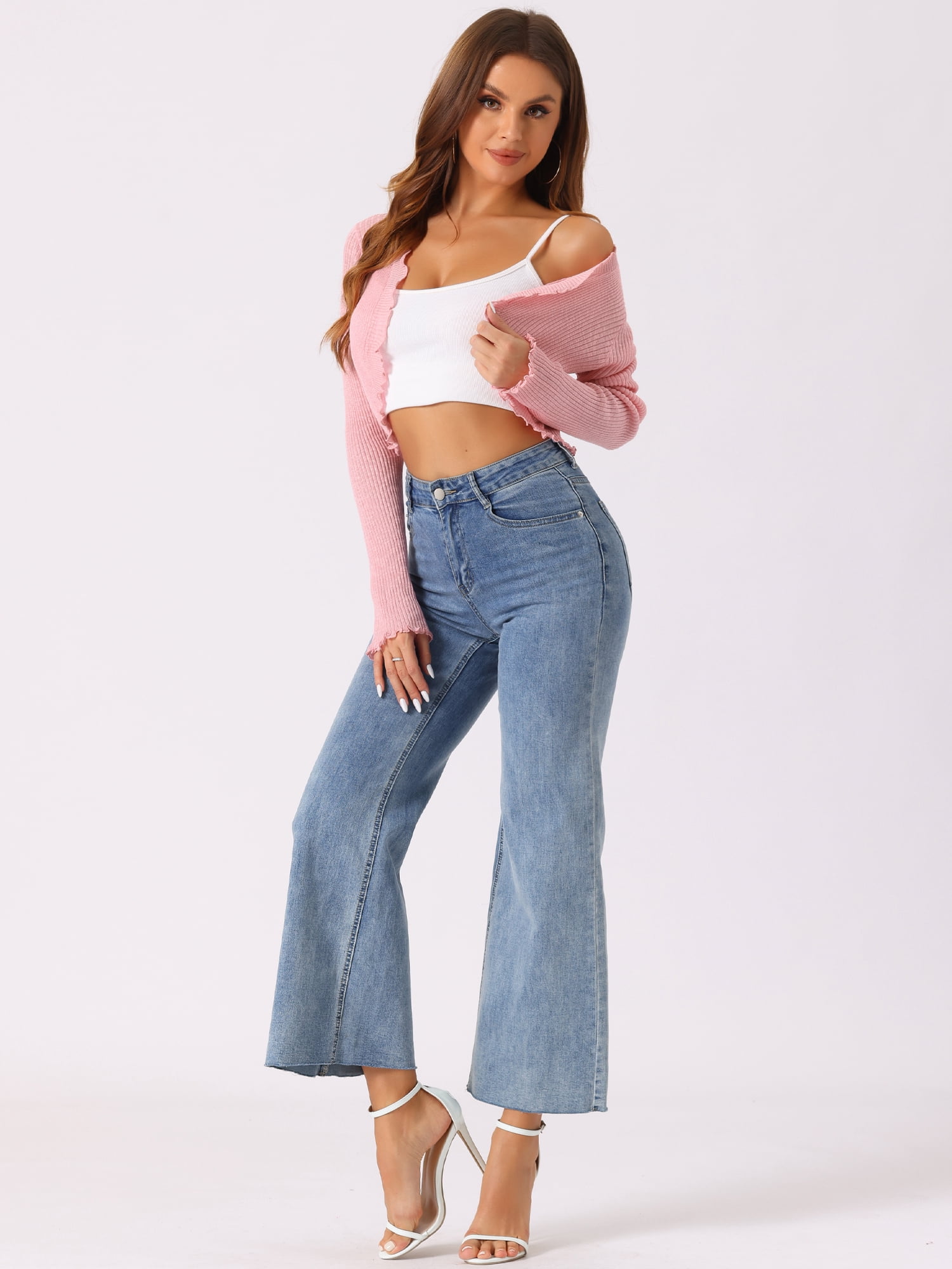 DARING DIVA Women's Ruffle Trim Long Sleeve Shrug Knit Open Front Cardigan S Pink