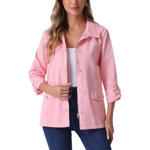 Chaquetas utilitarias para mujeres INSPIRE CHIC con cintura ajustable, bolsillos con solapa, chaquetas con cremallera y botón, color rosa, talla S