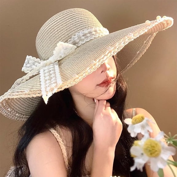 Women's Extra Large Brim Straw Sun Hat with Lace Trim Bow Ribbon - UPF 50 UV Protection Beach Hat for Summer Vacation