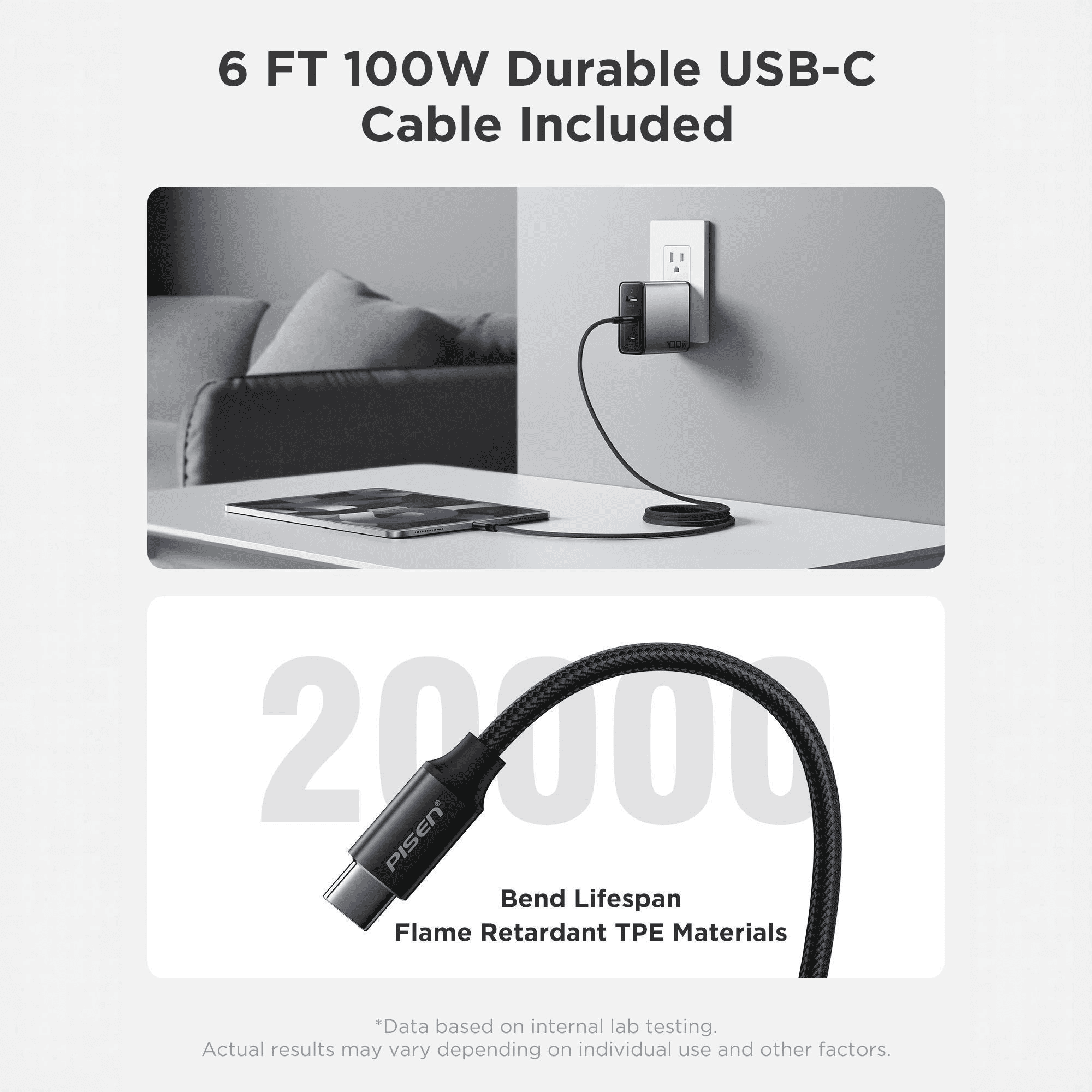 PISEN 100W USB C Charger - 3-Port GaN USB C Charging Block with 6FT Type C Cable, Foldable Plug phone charger,100W Fast Charging for iPhone 17/16 and more serie, Samsung, Pixel, iPad