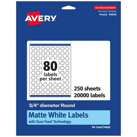 UPC: 0194793050424 | Avery Matte White Round Labels with Sure Feed  3/4  diameter  20 000 Matte White Printable Labels