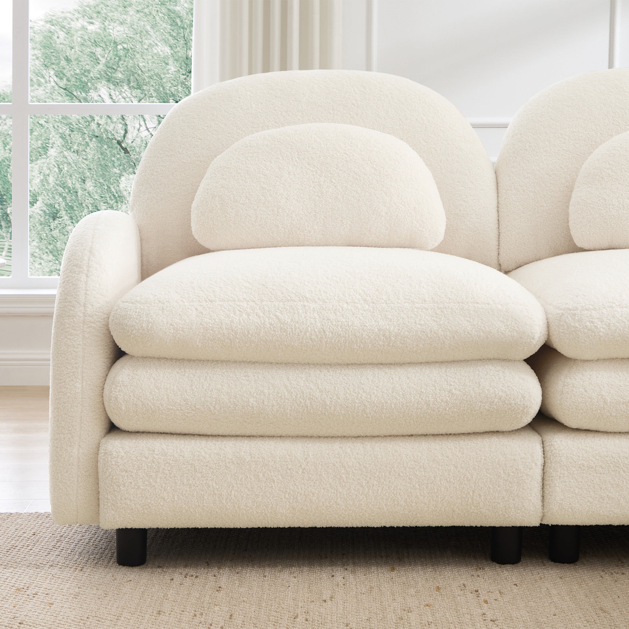 Noble House Windsor Teddy Fabric 4-Seater Sectional Sofa, Modular Cloud Couch with Lumbar Pillows, Beige