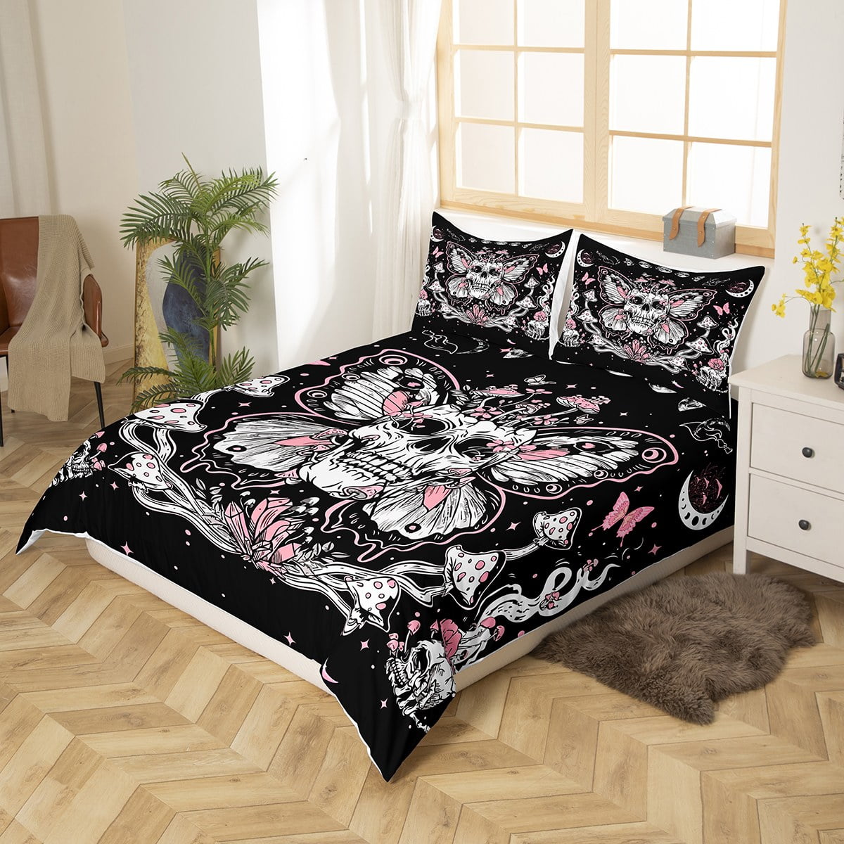 YST Gothic Skull Bed Set for King Bed Hippie Butterfly Duvet Cover