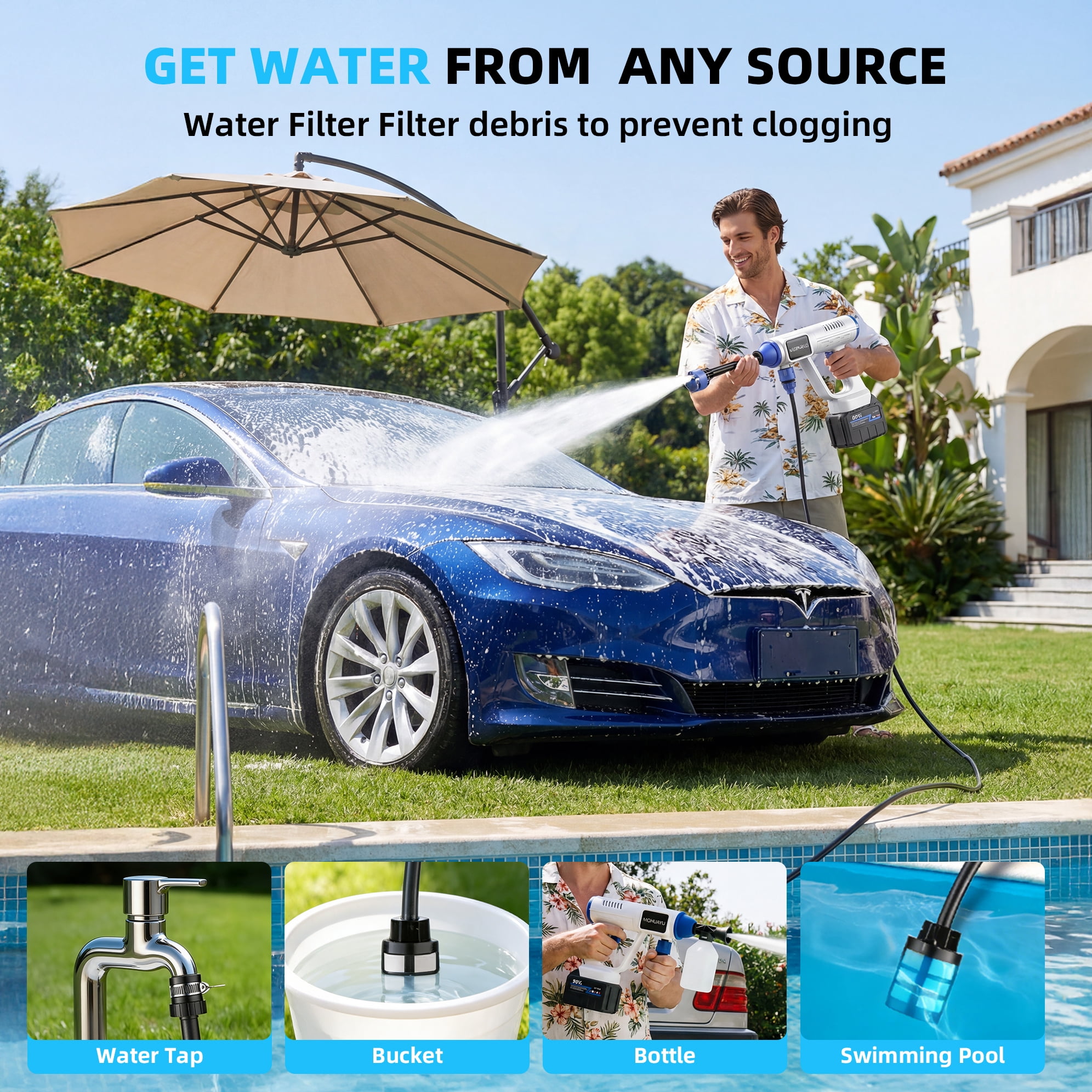 MQHUAYU 1500PSI Cordless Pressure Washer, 200W 4.0GPM Portable Power Washer with 6-in-1 Adjustable Nozzle, 2×96V Battery Power Cleaner with 32.8ft Hose for Cars/Patios