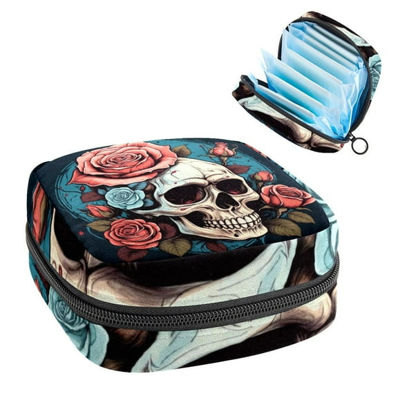 Skull Head with Rose Pattern Sanitary Napkin Storage Bag, Zipper Menstrual Cup Pouch Feminine Menstruation First Period Pads Holder for Girls Women Ladies
