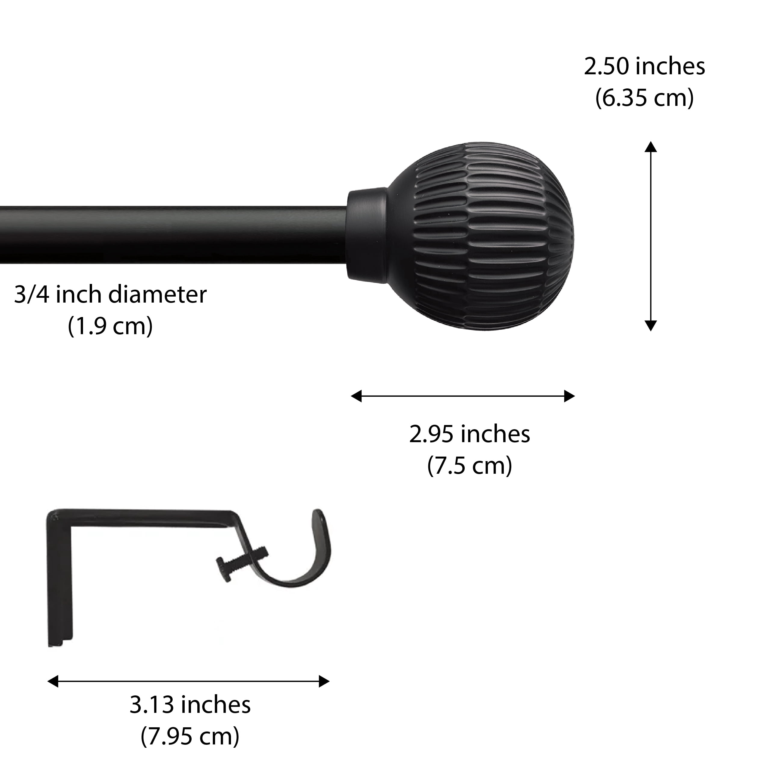 Mainstays 3/4" Matte Black Ribbed Ball Adjustable Single Curtain Rod, 30-84"
