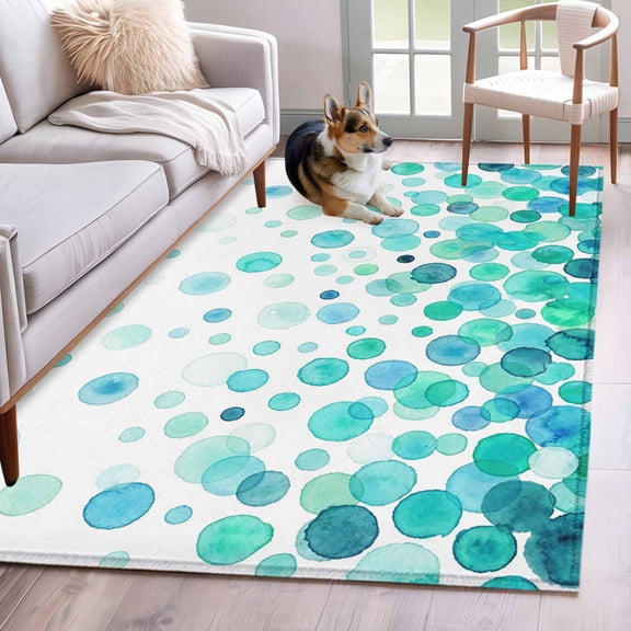 Ombre Teal Polka Dot Area Rugs 2.7'x5', Washable Small Throw Rugs for Kitchen Bedroom, Abstract Watercolor Geometric Gradient Indoor Outdoor Rug Non-Slip Low Pile Carpet Runner Reversible Floor Mats