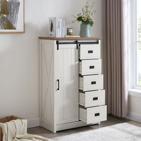 5 Drawers Dresser w/Sliding Barn Door, Farmhouse Modern Tall Dresser 5 Chest of Drawers, Storage Organizer Dresser for Bedroom, Hallway, Living Room, Kids Room WHITE