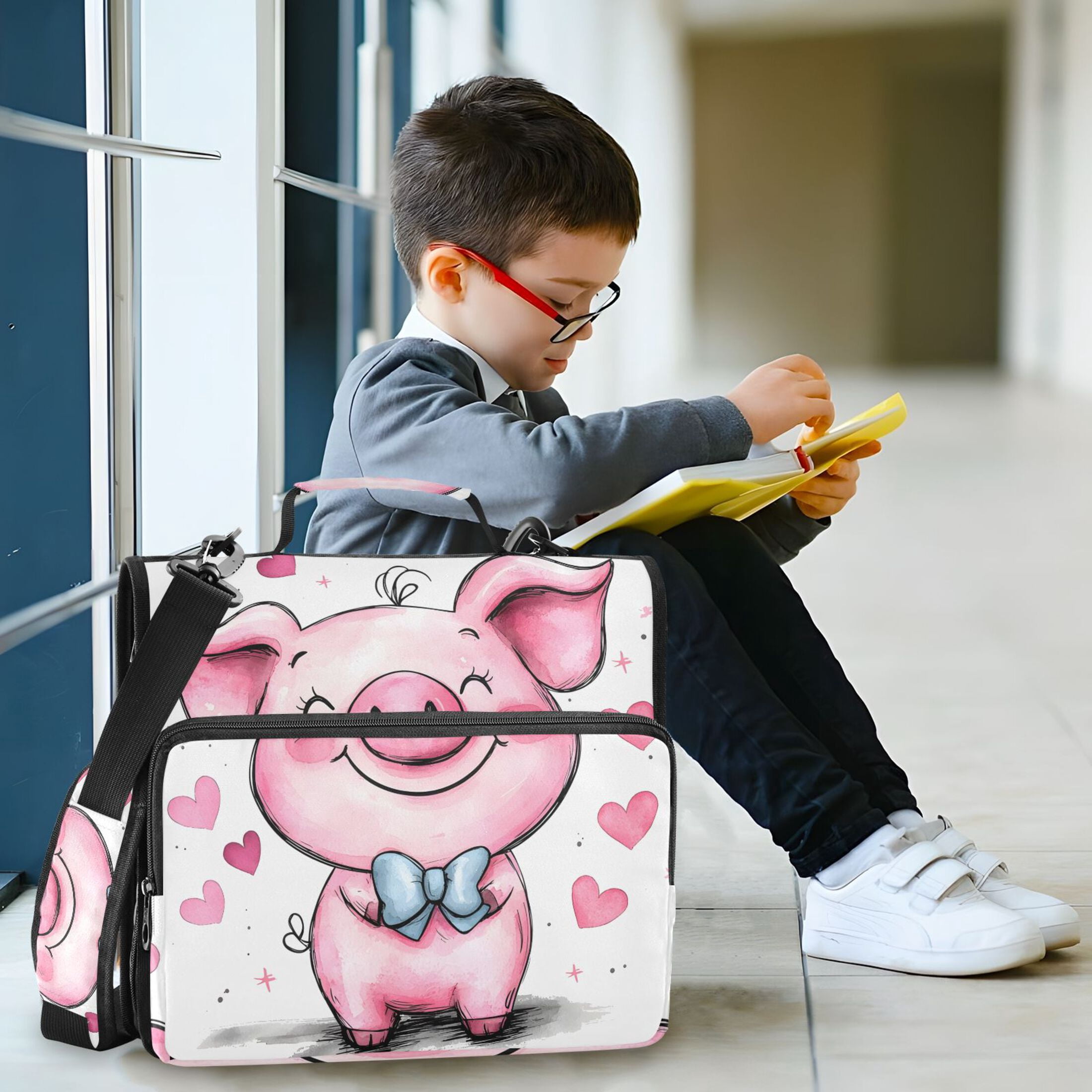 3 Ring Zipper Binder with Shoulder Strap Waterproof Trapper Keeper 2 Inch D-Ring 500 Sheets Capacity Cute Pink Pig and Heart
